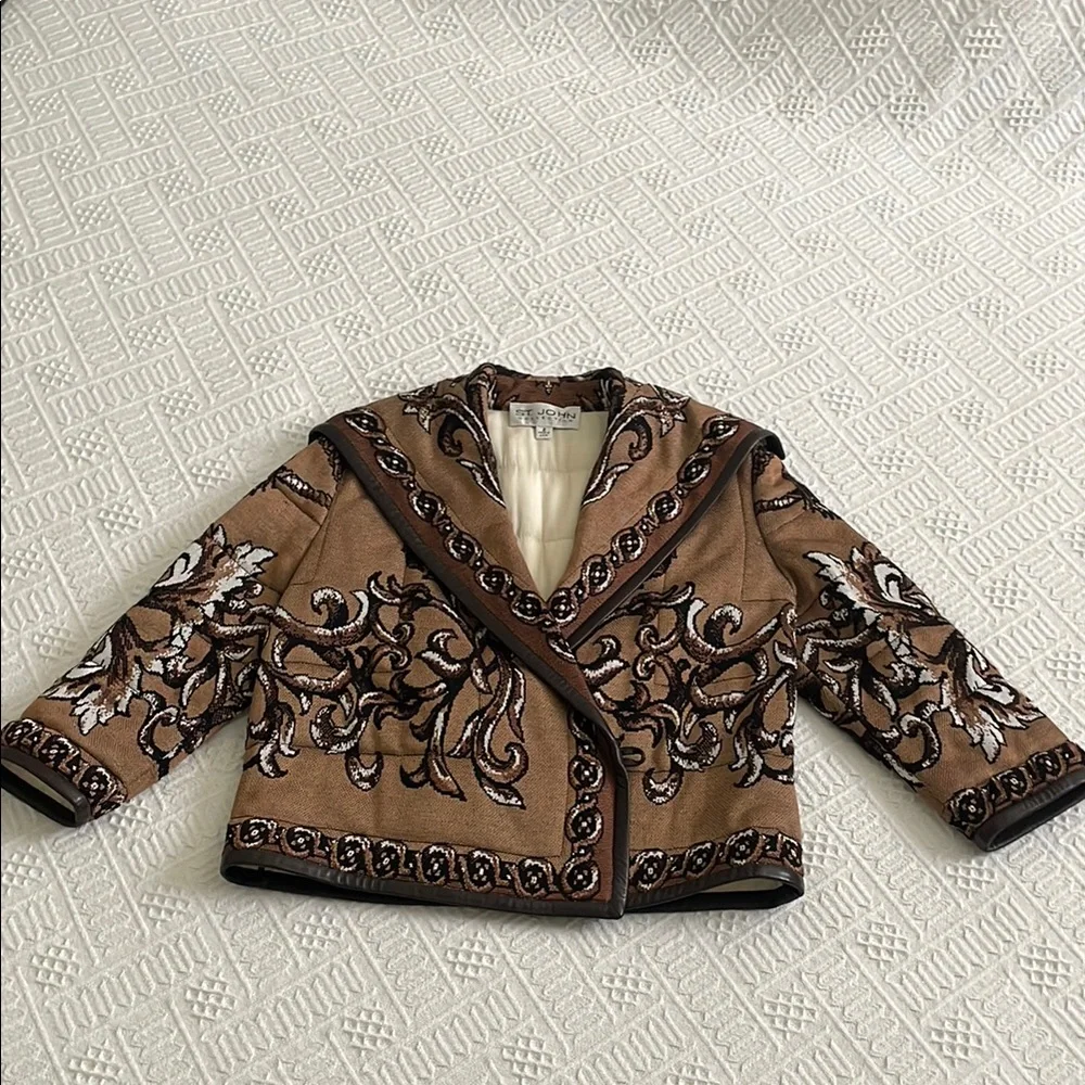 St. John Brown jacket Blazer with Intricate Pattern and Black Trim